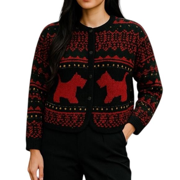 Casual Corner Sweaters - Vintage Scotty Dog Cardigan Navy Novelty Knit Gold Button Sweater M